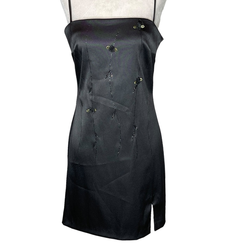 Y2K Rampage Black Mini Dress Floral Embellishment Spaghetti Strap Size 7